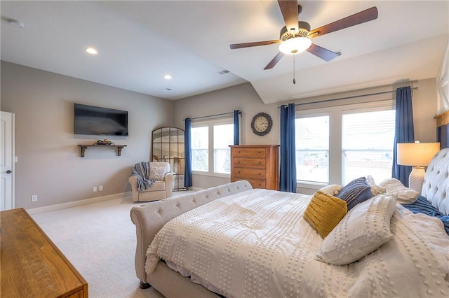 carpeted bedroom featuring baseboards, a ceiling fan, and recessed lighting