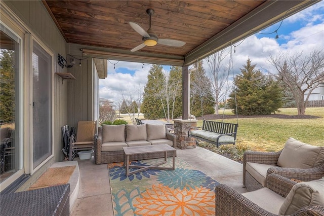 view of patio featuring a ceiling fan and an outdoor hangout area