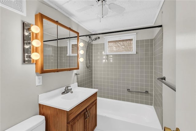 full bath with shower / bathtub combination, visible vents, toilet, a textured ceiling, and vanity