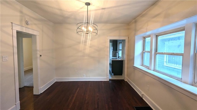 unfurnished dining area with dark wood-style floors, visible vents, ornamental molding, a sink, and baseboards