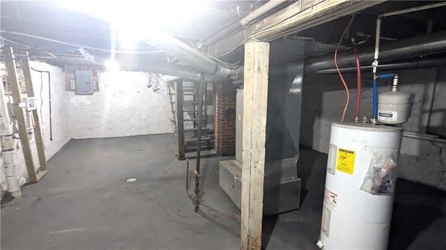 unfinished basement with electric panel and electric water heater