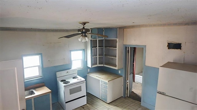 kitchen with a ceiling fan, white range with electric stovetop, and open shelves