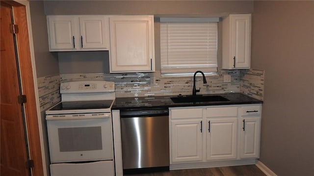 kitchen featuring a sink, stainless steel dishwasher, white cabinets, and white range with electric stovetop