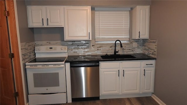 kitchen with dishwasher, a sink, white cabinetry, and white electric stove