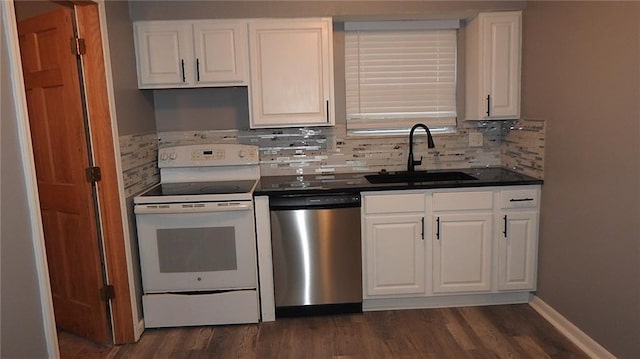 kitchen featuring white range with electric cooktop, dark wood-style flooring, a sink, decorative backsplash, and stainless steel dishwasher