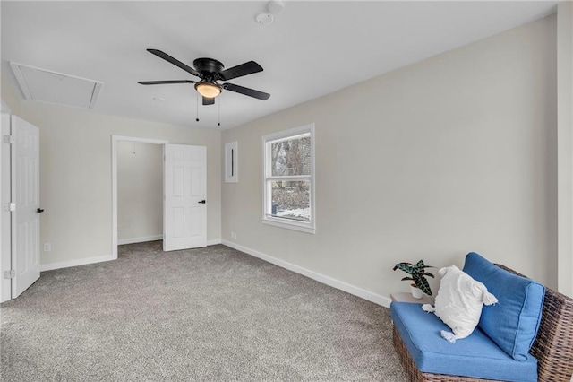 unfurnished room featuring carpet, baseboards, and ceiling fan