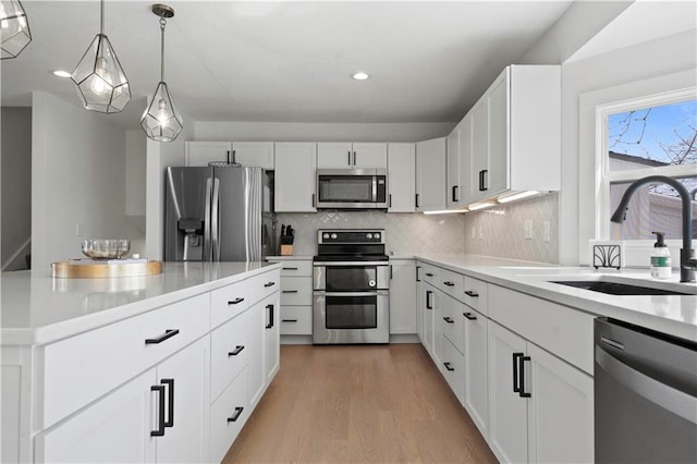 kitchen featuring light wood finished floors, tasteful backsplash, stainless steel appliances, and a sink