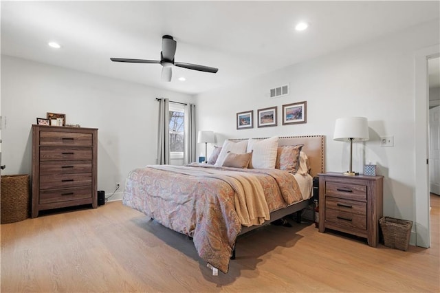 bedroom with recessed lighting, visible vents, ceiling fan, and light wood-style flooring