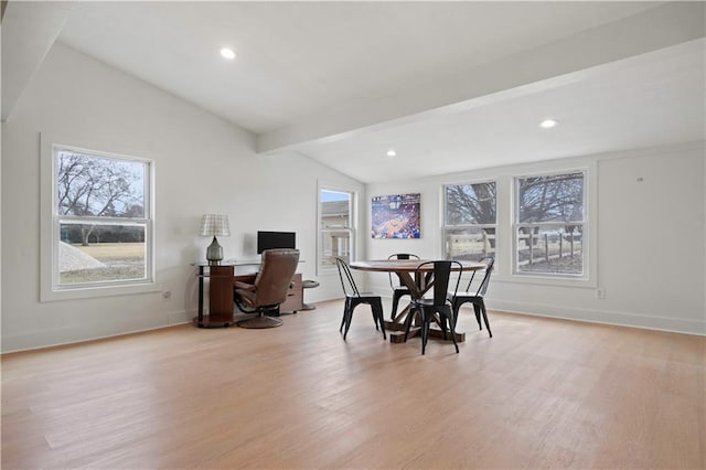 dining space featuring lofted ceiling with beams, light wood-type flooring, baseboards, and recessed lighting