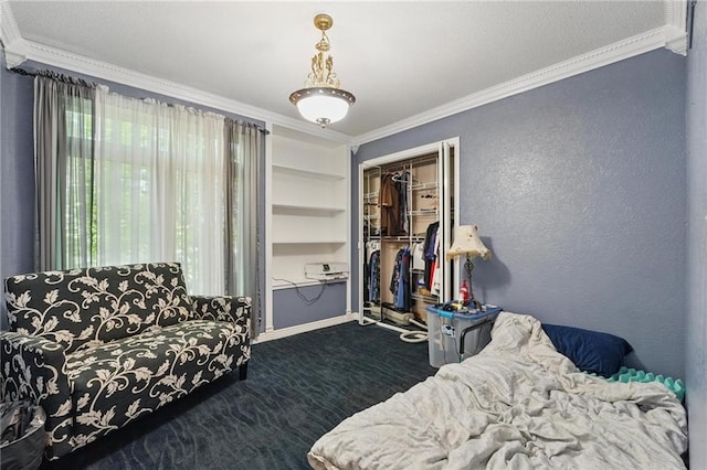 14953 W 124th Ter, Olathe, KS 66062 - bedroom featuring ornamental molding, dark carpet, a closet, and baseboards