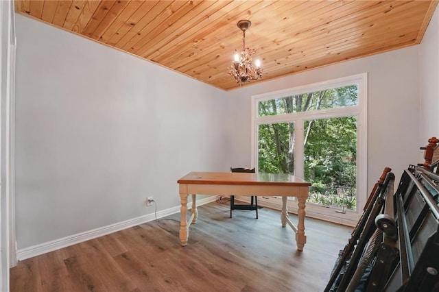 14953 W 124th Ter, Olathe, KS 66062 - office with wooden ceiling, wood finished floors, a chandelier, and baseboards