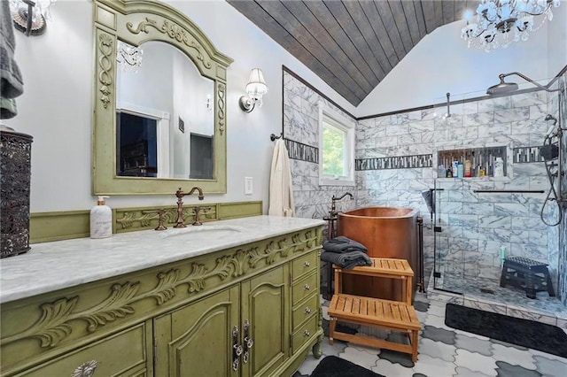 14953 W 124th Ter, Olathe, KS 66062 - bathroom featuring vaulted ceiling, wood ceiling, vanity, a tile shower, and tile walls