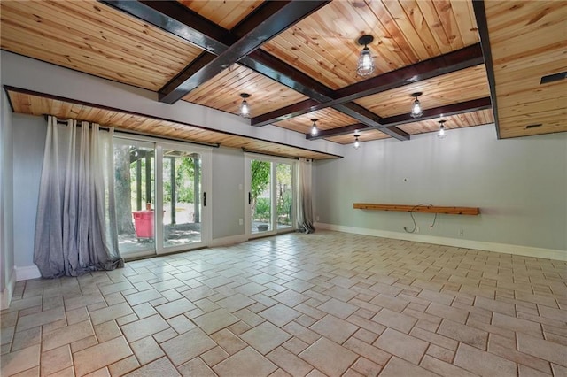 14953 W 124th Ter, Olathe, KS 66062 - empty room featuring baseboards, wooden ceiling with exposed beams, and coffered ceiling