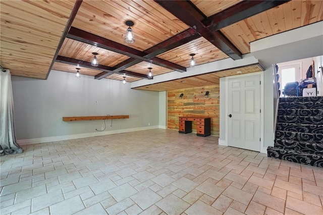 14953 W 124th Ter, Olathe, KS 66062 - unfurnished living room featuring wooden ceiling with exposed beams, baseboards, wood walls, and stone finish floors