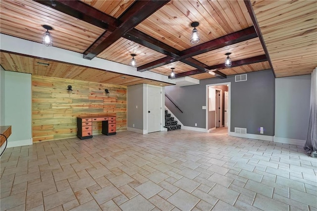 14953 W 124th Ter, Olathe, KS 66062 - unfurnished living room featuring wooden walls, wooden ceiling with exposed beams, baseboards, and stairs