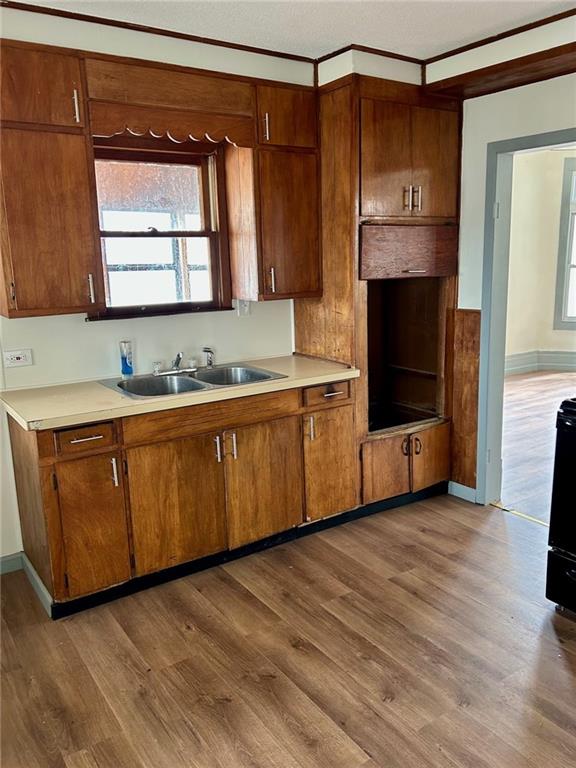 kitchen featuring dark wood-type flooring, a sink, light countertops, a wealth of natural light, and brown cabinets