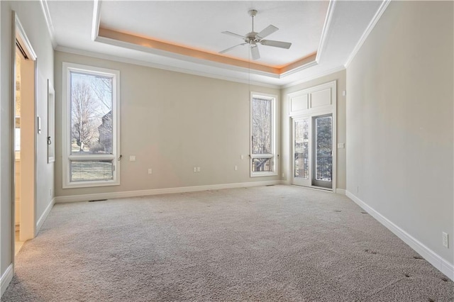 carpeted empty room featuring crown molding, a tray ceiling, and a wealth of natural light