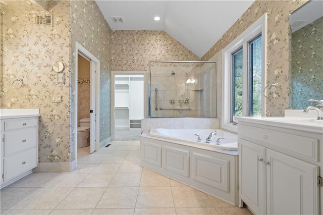 full bathroom featuring wallpapered walls, a stall shower, visible vents, lofted ceiling, and tile patterned floors