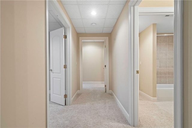 hallway featuring carpet floors, a paneled ceiling, and baseboards