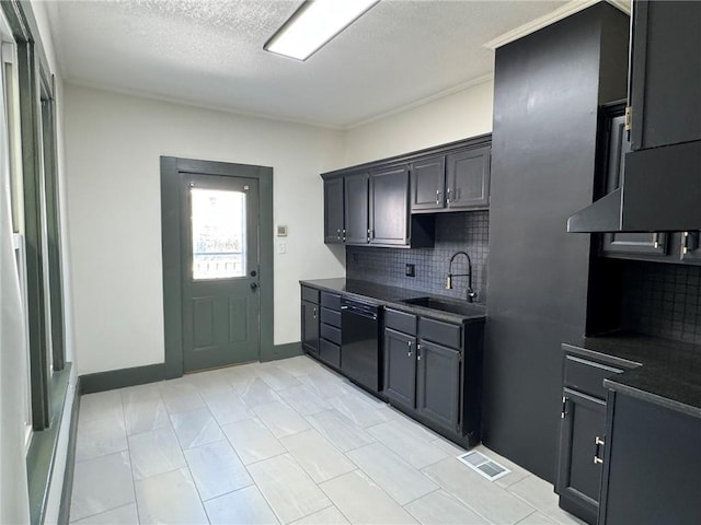 kitchen with black dishwasher, dark countertops, visible vents, decorative backsplash, and a sink