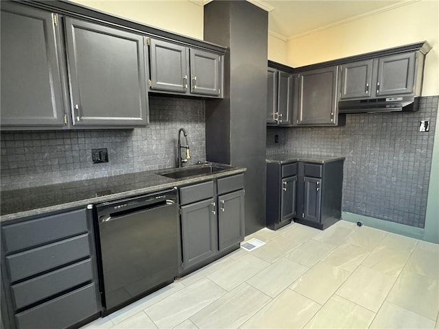 kitchen featuring under cabinet range hood, a sink, visible vents, black dishwasher, and ornamental molding