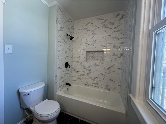 full bath with  shower combination, ornamental molding, and toilet