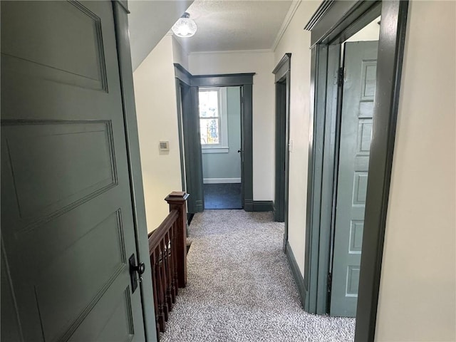 corridor with crown molding, carpet floors, a textured ceiling, and baseboards