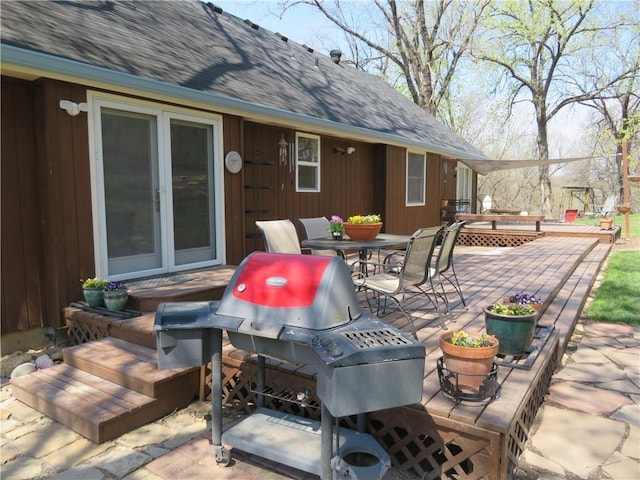 24243 Sandusky Rd, Tonganoxie, KS 66086 - view of patio featuring outdoor dining space, a wooden deck, and a grill