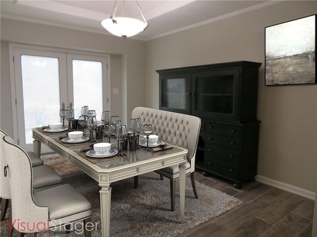 24243 Sandusky Rd, Tonganoxie, KS 66086 - dining space featuring dark wood-style flooring, crown molding, baseboards, and french doors