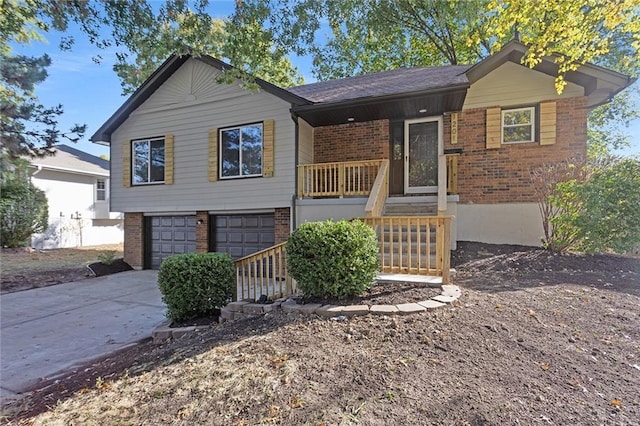 ranch-style house with covered porch, brick siding, driveway, and an attached garage