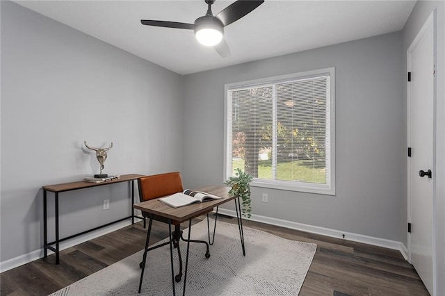 office with wood finished floors, a ceiling fan, and baseboards