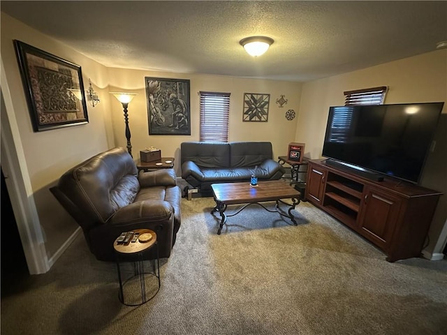 living room with a textured ceiling, carpet, and baseboards