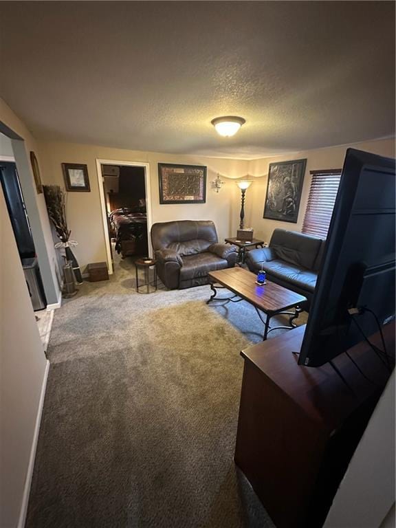 carpeted living room featuring baseboards and a textured ceiling