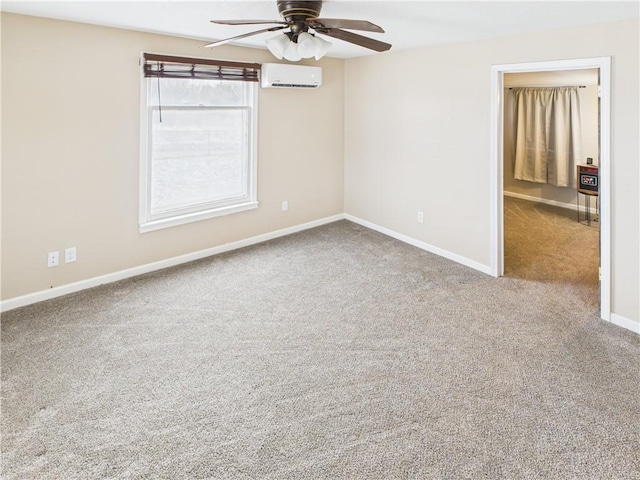 unfurnished room with a ceiling fan, carpet, baseboards, and a wall mounted AC