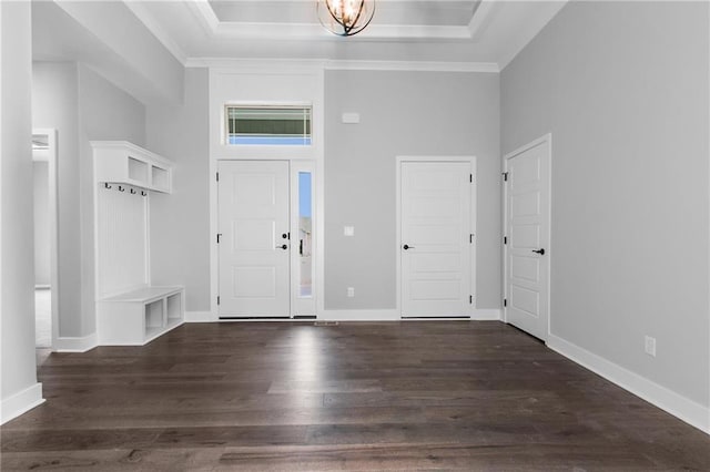 entrance foyer featuring dark wood-style floors, baseboards, a chandelier, and a raised ceiling