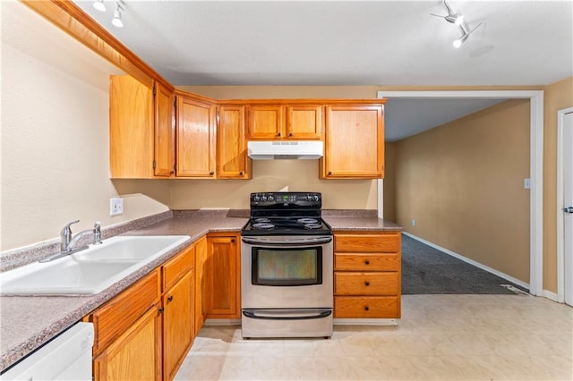 6418 E 150th St, Grandview, MO 64030 - kitchen featuring stainless steel electric stove, a sink, dishwasher, and track lighting