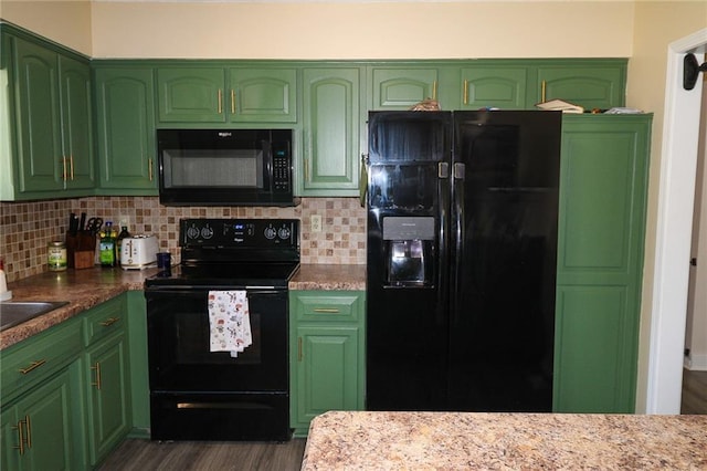 kitchen featuring decorative backsplash, black appliances, and dark wood-style flooring