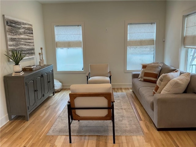 living room with baseboards and light wood finished floors