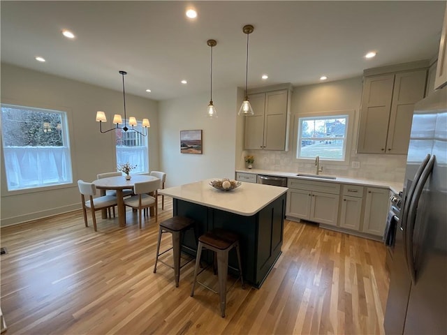 kitchen with gray cabinetry, a sink, light countertops, appliances with stainless steel finishes, and decorative backsplash