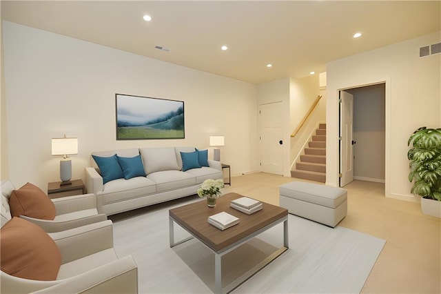 living area featuring recessed lighting, light colored carpet, visible vents, baseboards, and stairs