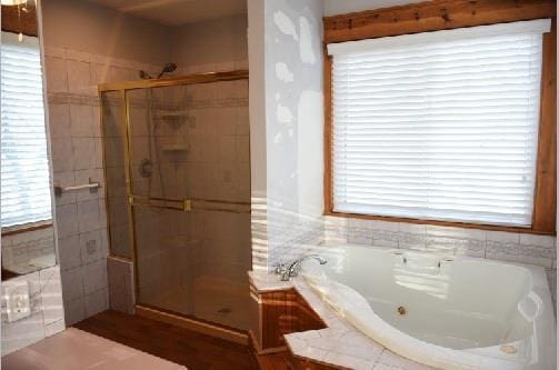 bathroom featuring a bath, a healthy amount of sunlight, and a stall shower