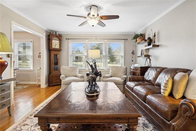 living room with light wood finished floors, plenty of natural light, and crown molding