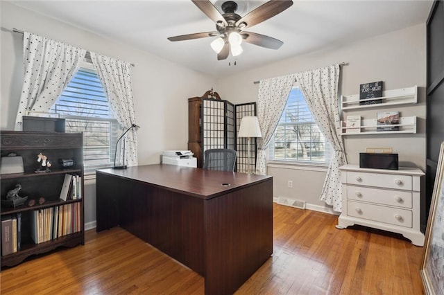 office area featuring visible vents, baseboards, ceiling fan, and hardwood / wood-style floors