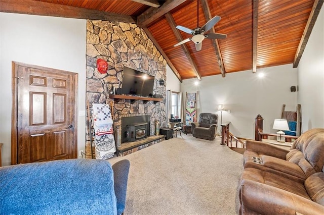 carpeted living room featuring wooden ceiling, high vaulted ceiling, a ceiling fan, and beam ceiling