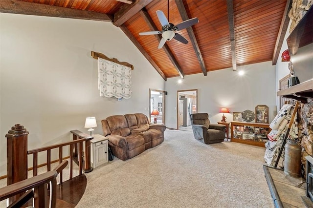 carpeted living room featuring beamed ceiling, wooden ceiling, high vaulted ceiling, and a ceiling fan