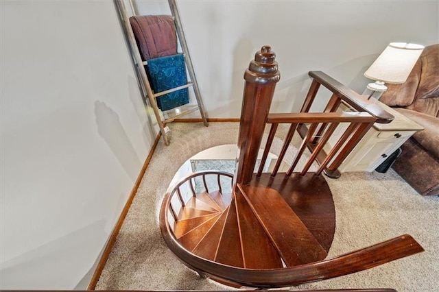 staircase featuring baseboards and carpet flooring