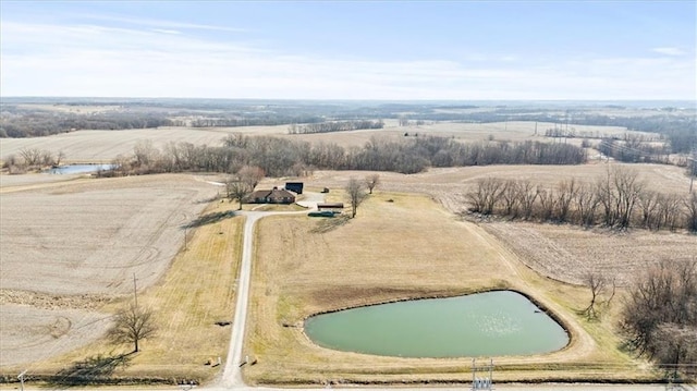 bird's eye view featuring a water view and a rural view