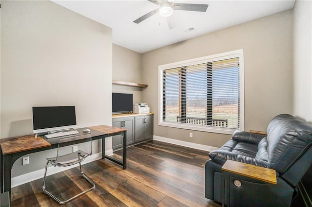 office featuring ceiling fan, dark wood-style flooring, visible vents, and baseboards