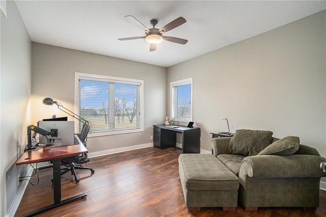 home office with ceiling fan, baseboards, and wood finished floors