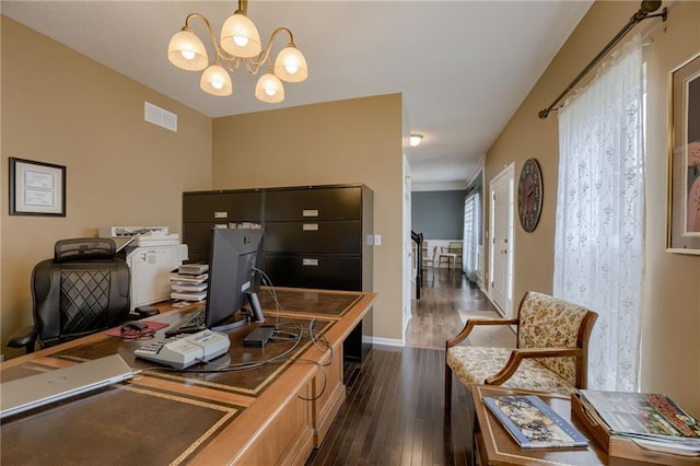 office area with visible vents, baseboards, an inviting chandelier, and dark wood-style flooring